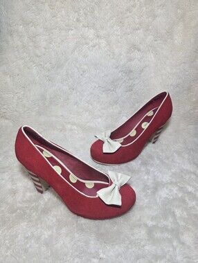 Lola Ramona Red Suede Rockabilly Bow Pumps Striped Heels Size 39 US 8 8.5